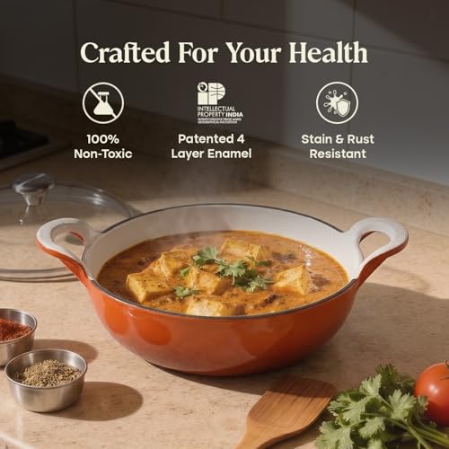 Image of CUMIN CO. Cast Iron Kadai with Lid | 3L, 26 cm | Induction Base Cookware |10 Years Warranty | Non Toxic Heavy Bottom Kadhai for Frying | Chemical Free Coating | Free Accessories | Color: Rust