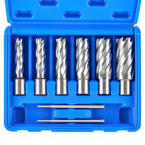 Image of ZELCAN Annular Cutter Set, 6pc Mag Drill Bit Kit with 2" Cutting Depth, 1/2" to 1-1/16" Cutting Diameter, HSS Spiral Flute Annular Cutters with 2 Pilot Pins & Carrying Case for Steel Aluminum Copper