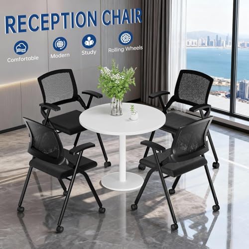 Image of Folding Office Chair with Wheel,Conference Room Chairs with Smooth Armrest-Mesh Back,Rolling Stackable Foldable Desk Chair for Guest Reception Meeting Classroom Training Seminar (50, Black)