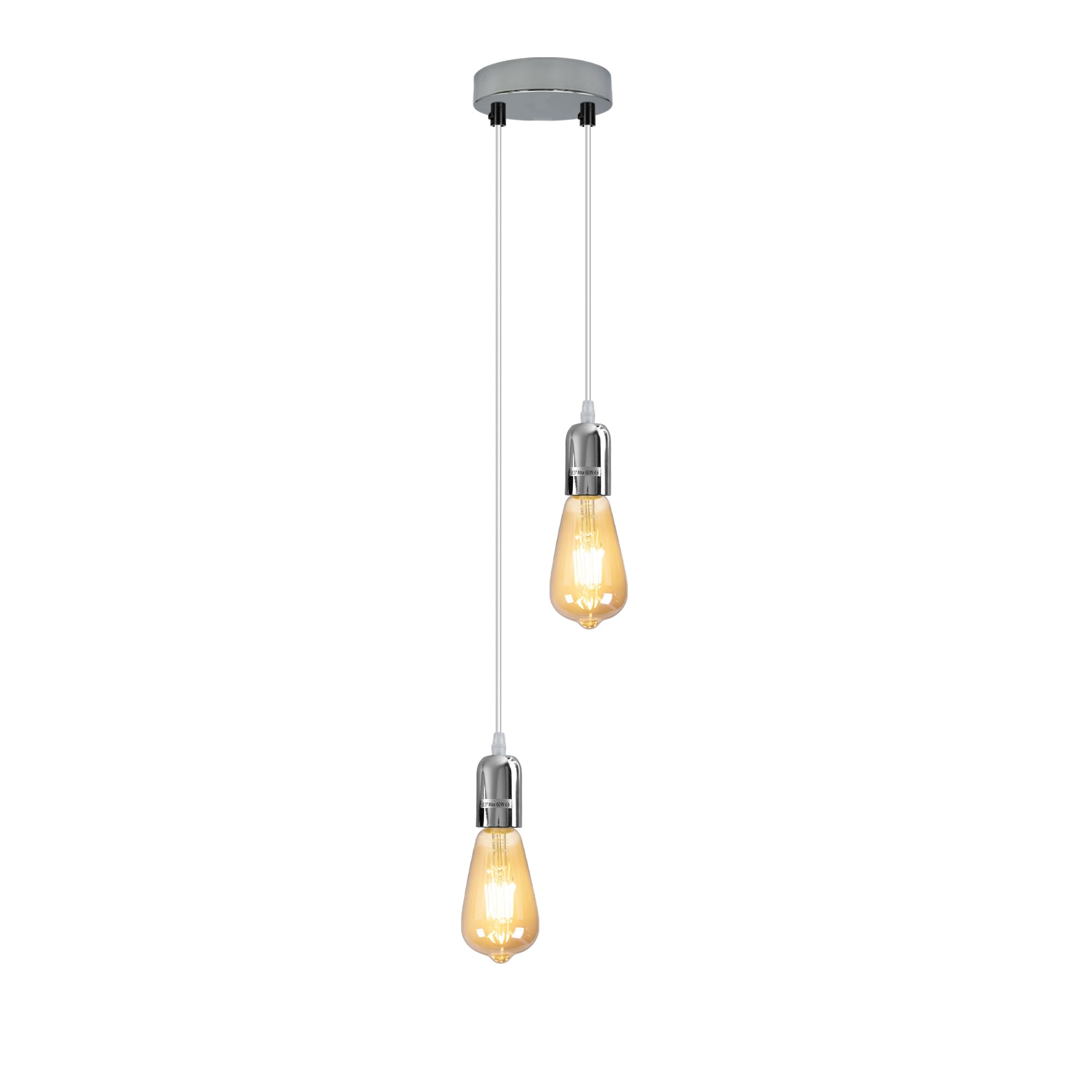 LEDSone Modern Chrome 2 Head Pendant Light E27 Ceiling Pendant Light Kit with Adjustable Cable Industrial Dual Hanging Ceiling Light Lamp Holder for Kitchen Island, Dining Room, Bar & Cafe