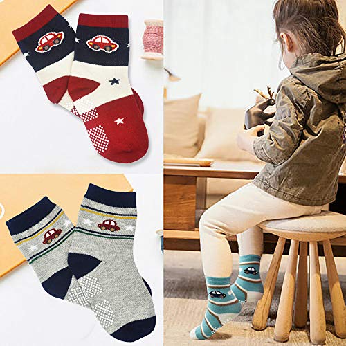 Image of Tphon 12 Pairs Toddler Non Skid Socks with Grips Anti Slip Bottom, Cotton Non Slip Ankle Crew Socks for Boys, Girls, Kids(1-7Years)