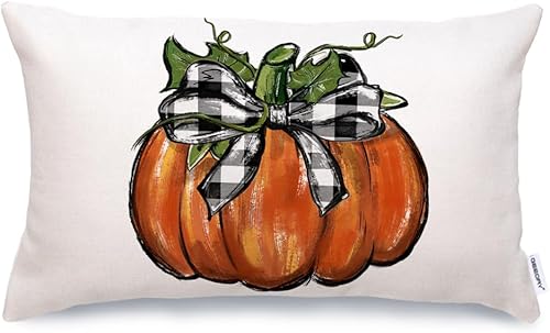 Miniatura 1 de GEEORY GL047-12 - Funda de almohada de otoño de 12 x 20 pulgadas, diseño de calabaza con lazo a cuadros de búfalo, decoración de otoño, casa de