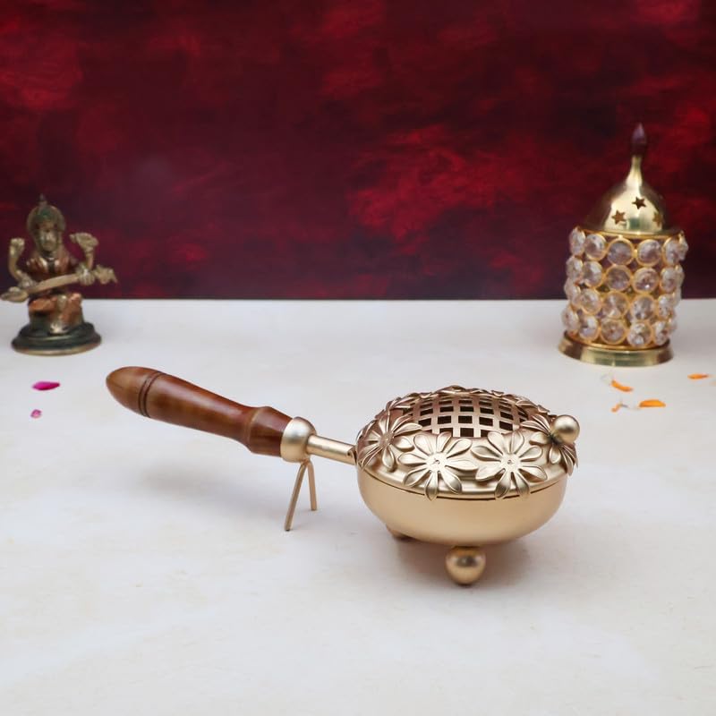 Iron Charcoal Incense Burner, Loban Burner with Flower Design Crafted Dhuna | Dhunachi with Wooden Handle (Size : 21.5cm | Weight : gm)