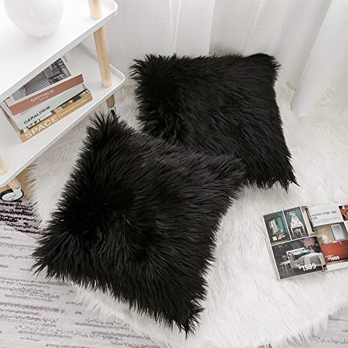 Wlnui Set Of 2 Black Decorative Pillow Covers New Luxury Series Merino Style Faux Fur Fluffy Throw Pillow Covers Square Fuzzy Cushion Case 18X18 Inch #TOP3