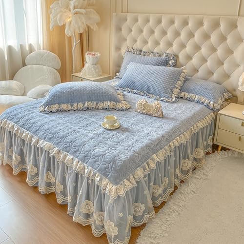 Fzigenle ベッドスカート 2点枕カバー カラーb01 上品 フランネル 180*220 キルティング 中綿 厚め ベッドカバー 秋冬 暖かい レース フリル 姫系 柔らか ダブル マットレスカバー 中綿ベッドスカート 静電気防止 洗える きれいめ