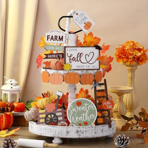 FairySandy 19 Pcs Fall Tiered Tray Decor Set, Sweater Weather