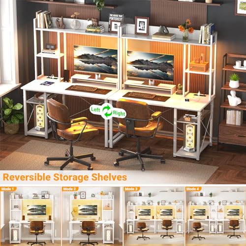 Image of Cyclysio Gaming Desk with Hutch, 39'' Computer Desk with LED Lights & Power Outlets, Home Office Desk with Reversible 5 Tiers Storage Shelves & Monitor Stand, Small Gaming Table for Small Space, White