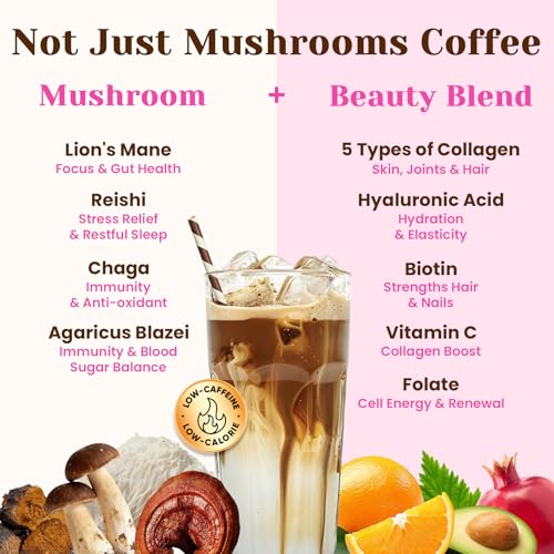 Image of Venture Pal Mushroom Coffee for Focus, Skin, Hair, Nails, Joints &Digestion | Adaptogenic Mushroom with Multi Collagen Peptide, Lions Mane, Reishi, Chaga, Biotin, Vitamin C - Low Caffeine & Calories