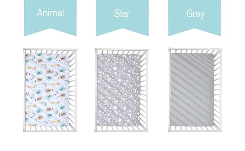 Bimocosy Mini Crib Sheets,Pack And Play Sheets For Baby Boy 3 Pack,Size 38"X 26" For Playard Mattress,Portable Mini Crib,Ultra Soft Microfiber Pack N Play Sheets Fitted,Stars/Animals/Grey #TOP1