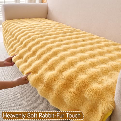 Image of HOKIPO 'FurHug' Luxury Faux Rabbit Fur Anti Slip Sofa Seat Mat for 3 Seater, Honey Yellow (NEW-5015-YLW*1)