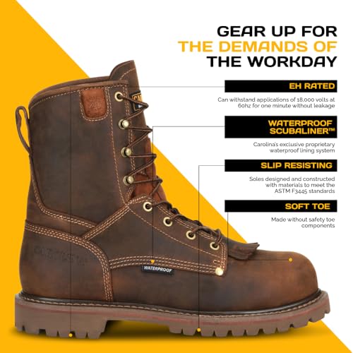 Carolina 28 Series 8'' Soft Toe Waterproof Work Boots for Men - Cigar Leather Upper, AG7 Footbed, Removable Kiltie, EH-Rated3