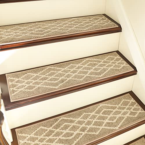 COSY HOMEER Soft Stair Treads 15pcs Non Slip Carpet Mat 28inX9in Indoor Stair Runners for Wooden StepsStair Rugs for Kids and Dogs 100 Polyester TPE Backing BeigeRhombus