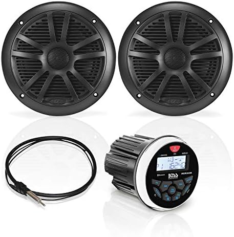 BOSS Audio Systems MCKGB350B.6 Weatherproof Marine Gauge Receiver and Speaker Package - IPX6 Receiver, 6.5 Inch Speakers, Bluetooth Audio, USB, MP3, AM/FM, NOAA Weather Band Tuner, No CD Player, 1 pair black speakers, One Pair of 6.5 inch