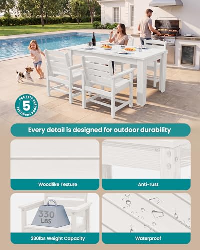 Image of SERWALL 59 inch HDPE Patio Dining Set for 4, w / 1 Table & 4 Armchairs, White | All Weather Resistant HDPE Dining Sets for Patio, Garden, Backyard