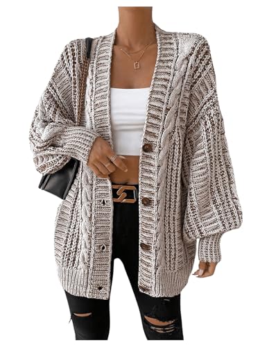 Image of MakeMeChic Women's Oversized Chunky Cable Knit Cardigan Sweaters Button Front V Neck Lantern Sleeve Outerwear White and Brown Medium