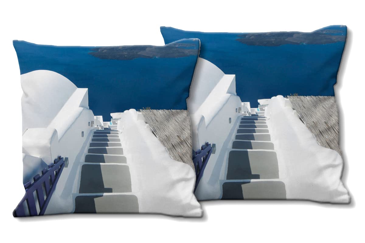 Santorin 1 - Foto-Kissen-Hülle Set (2 STK.) 40 x 40 cm | Kissen-Bezüge - passend zu Wandbild - Deko-Kissen - Griechenland Treppe Meer Insel