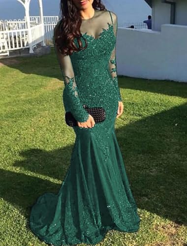Mermaid Evening Gown Sequin Prom Dress Sparkle Formal Gown Sweep/Brush Train Long Sleeve Illusion Neck 20242