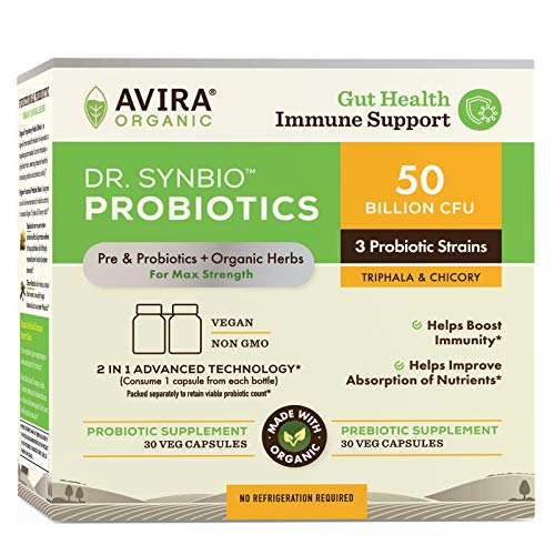 Dr. Synbio Gut Health Immune Support Probiotics & Organic Prebiotics â€“ Triphala & Chicory, 50 Billion CFU & Multiple Strains, Helps Immune System & Overall Wellbeing, Delayed Release Capsules