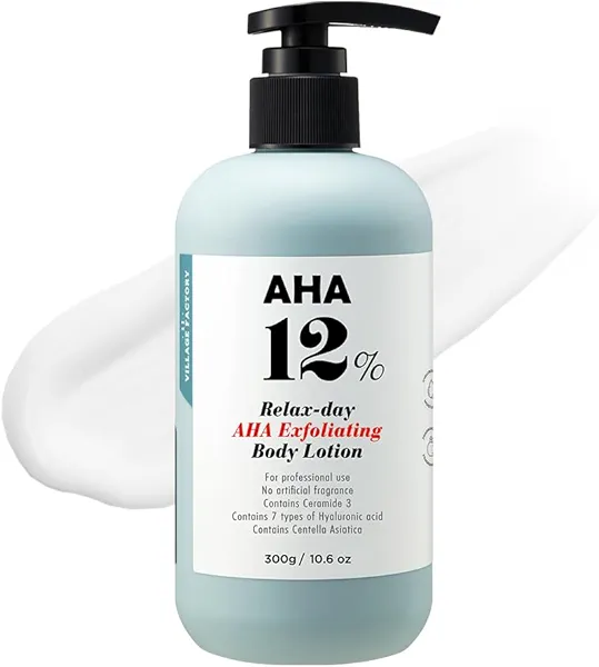 V11FACTORY AHA 12% Glycolic Acid Body Lotion – Korean Exfoliating & Hydrating Body Cream with Hyaluronic Acid & Collagen – Unscented, Paraben-Free Skin Smoothing Moisturizer, 10.6 oz