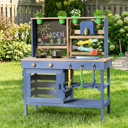 Wooden Outdoor Mud Kitchen for Kids, Pretend Play Kitchen Playset with Removable Sink, Faucet, Stove Top, Planting Area & Cooking Accessories, Toddler Gift for Boys Girls Ages 3+ (Blue) - image 8