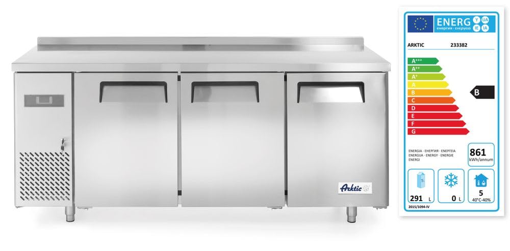 HENDI Mesa refrigerada Arktic de 3 puertas con 3 estantes ajustables, -2/8°C, 390 L, descongelación automática, pantalla digital, 230V/270W, 1800x600x(H) 800 mm, acero inoxidable