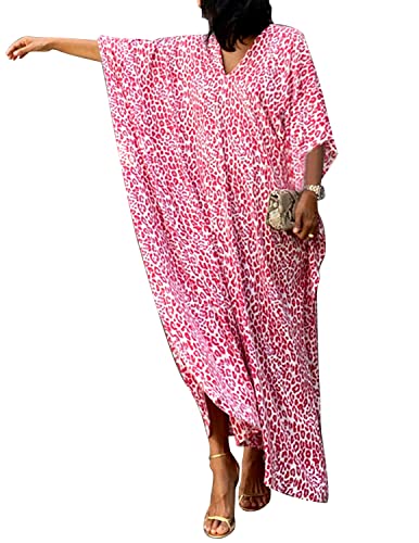 QUNERY Vestido de Playa Verano Kaftan Kimono Pareos y Camisola para Mujer Traje de Baño Cover Ups for Bikini Leopardo-Rosa Talla única Cover