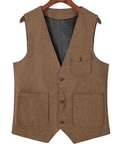 Bylunta Casual Mens Vests Tweed Waistcoats Herringbone Retro Workwear Vintage Wedding Wool thumb #4