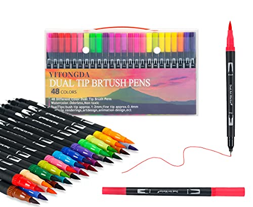 YITONGDA (48 Colors Pen) Dual Tip Brush Pens Markers, Colored Pens,Colored Drawing Pens, Calligraphy Pens , Watercolor Pens for Children Adult Coloring Drawing Doodling Project Art Projects