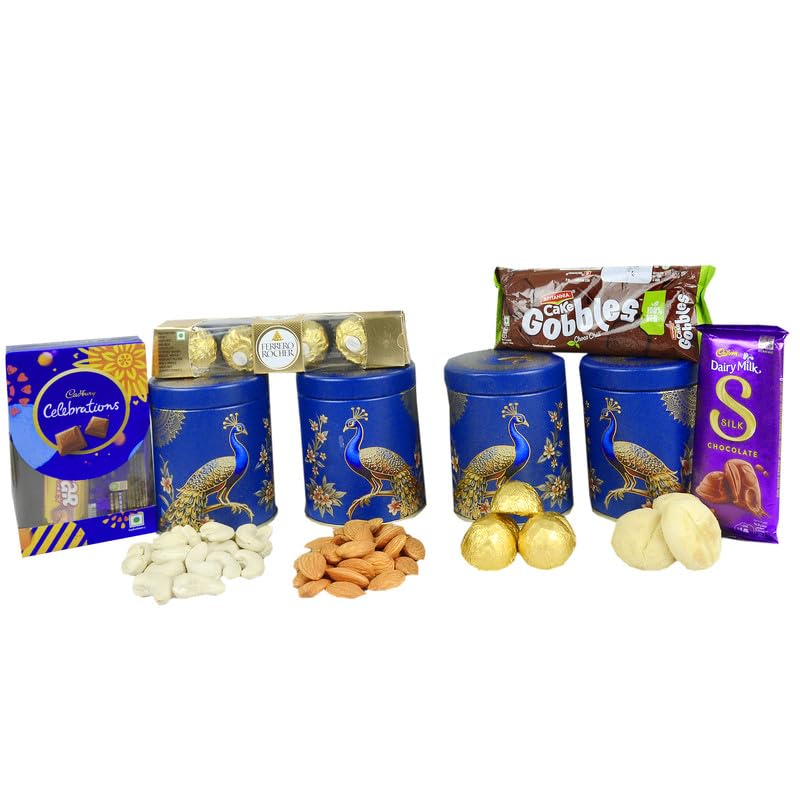 Image of NUTRI MIRACLE Rakhi & Dry Fruit Combo Gift Hamper for Brother with Tilak Set, Assorted Chocolates and Greeting Card