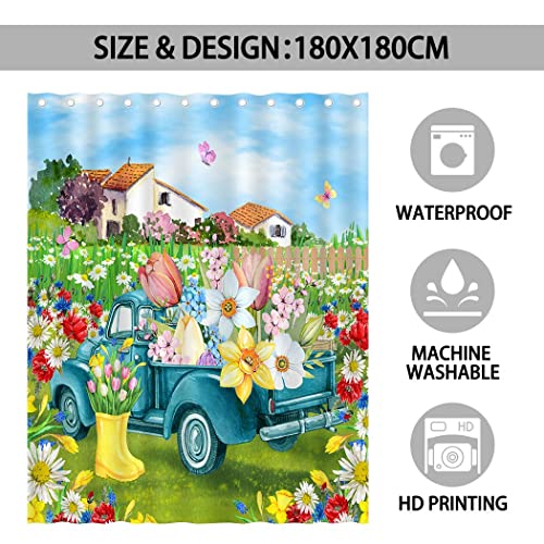 Juirnost Spring Shower Curtain Floral Truck In Gardyard Shower Curtain For Bathroom Decor Spring Easter Scene Holiday Home Bathtubs Bathroom Curtain Set 12 Hooks Washable Durable Polyester Fabric #TOP3