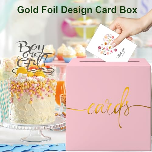 Image of 2 Pack Light Pink Card Box with Gold Foil Design, Paperboard 8.7 inch Card Box for Birthday Wedding Party Graduation Retirement Anniversary Valentine's Day & Baby Showers, Raffle or Money Box