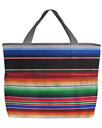 Mexican Serape Colorful Stripes Beach Tote Bag for Women, Ethnic Rainbow Art Print Mesh Beach Bags Waterproof Sandproof, Outdoor Picnic Swim Pool Handbag - Large Beach Bag with Zipper and Pockets