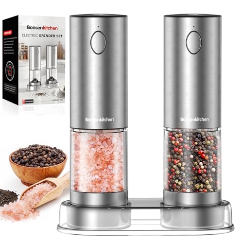 Bonsenkitchen Electric Salt and Pepper Grinder Set, 2 Pack Kitchen Automatic Salt & Pepper Mill Shakers with Adjustable Coarseness, Storage Base, 95ml Large Capacity, Battery Operated(Not Included)