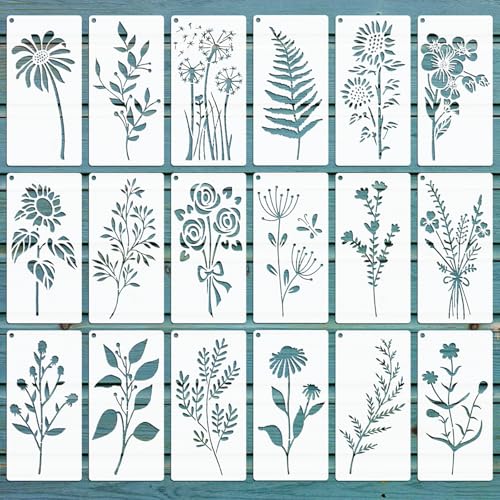 EAPIKON 18 Plantilla Dibujos para Pintar Manualidades, 10x20cm Plantillas Stencil Reutilizables de Flores Hoja, Decorativas Template para Pared Muebles Textiles Scrapbooking DIY
