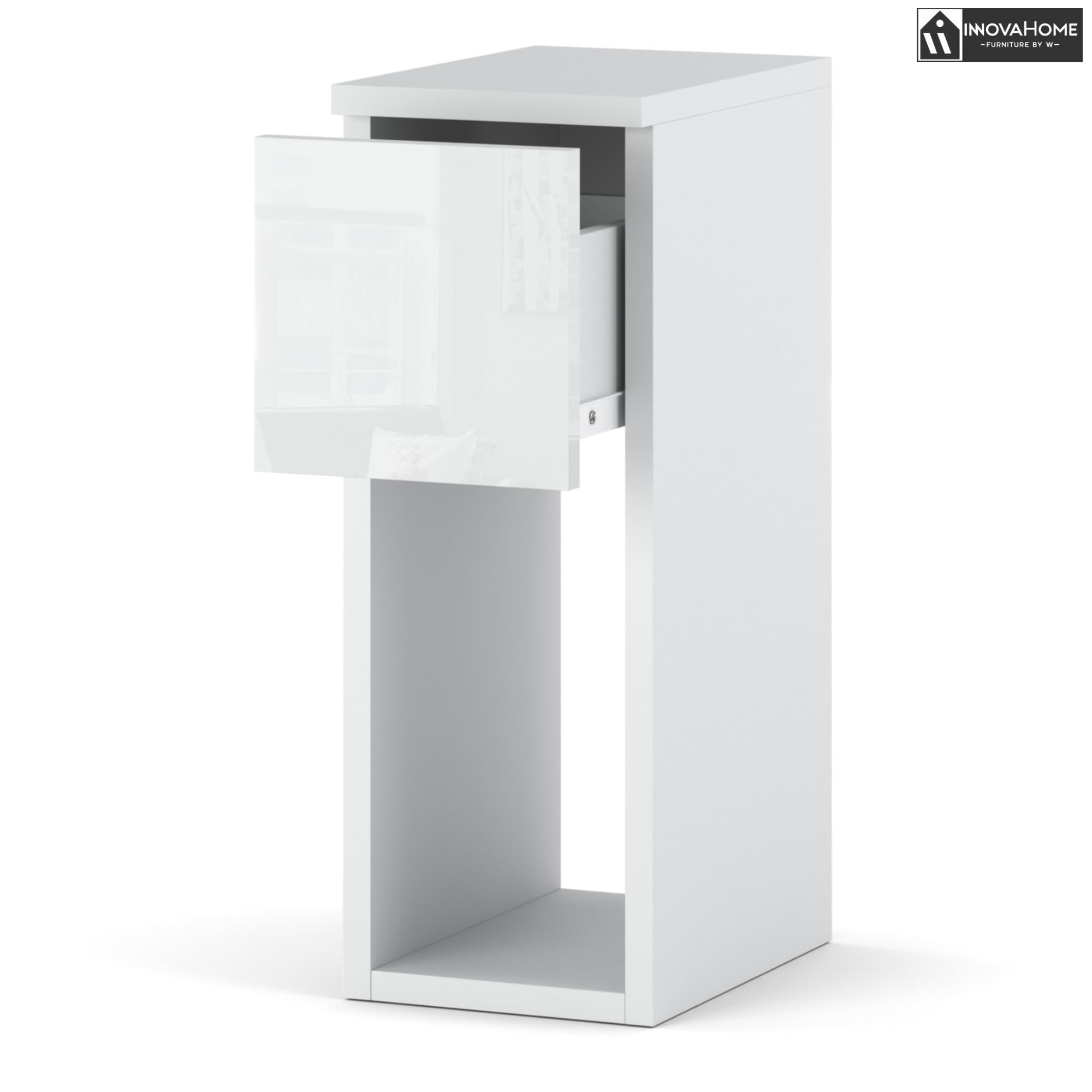 INNOVAHOME Nachttisch Schmal, Weiß Hochglanz, 20cm | Platzsparend, Tiefe 25cm Schublade, Beistelltisch für kleine Räume, Made in EU
