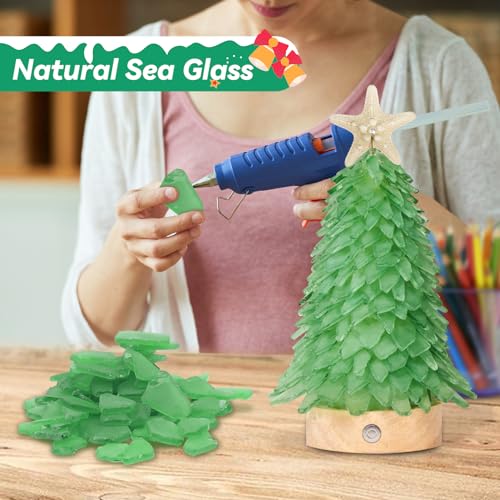 Sea Glass Christmas Tree,8.6 inches Mini Christmas Tree with Lights,Beach Nautical Themed Seaglass Christmas Tree for Table top,Decorations Indoor, Green Tree