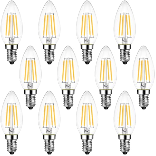 ANWIO E14 Vela LED Para Lámparas de Araña,4W, Sustituye a una Bombilla Incandescente de 40W, 470 Lúmenes, Blanco Cálido 2700K, Bombilla de Filamento, Cristal, No Regulable (Paquete de 12).