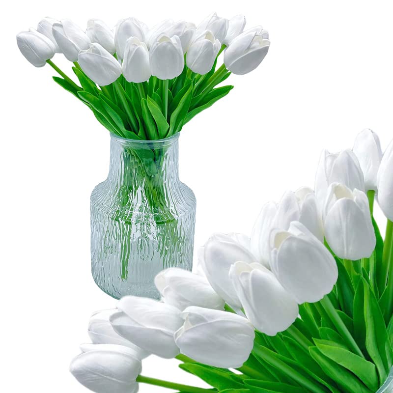 Passionforest 10 Pack 12.5 Inch White Tulips PU Artificial Flowers Bouquets, Faux Tulip for Home Office Decoration