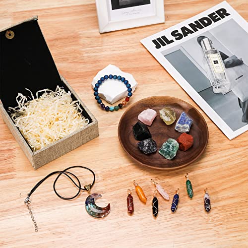 Therapeutic Crystals Set Embody 7 Chakra Stones, 7 Crystals Necklaces, Lava Bracelet, Moon crystal pendant necklace in Jewel Field, Actual Gem stones and Crystals Present Set for Witchcraft, Meditation, Yoga