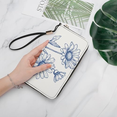 Daisies Dark Blue Minimalistic PU Leather Clutch Long Bifold Wallet, Coin Purse Credit Pass Case, Durable Card-Holder Money Storage for Women Men4