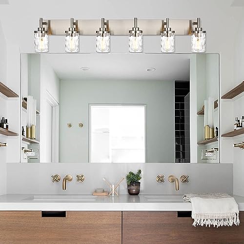 Image of Bathroom Vanity Lighting Fixtures 6 Lights,Brushed Nickel Bathroom Vanity Lights with Clear Hammered Shade Wall Sconce Lighting Modern Farmhouse Bath Lighting