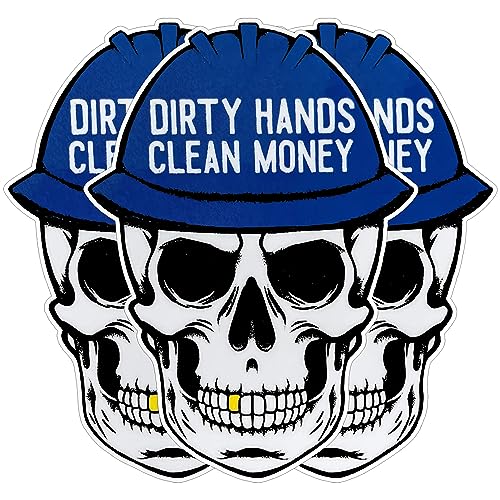 (3PCS) Dirty Hands Make Clean Money Skull Mechanic Sticker Technician Zip Gifts Helmet Zip Sticker Hard Hat Sticker Funny Decals Waterproof Vinyl Sticker for Water Bottle Tumbler Phone Case Cars