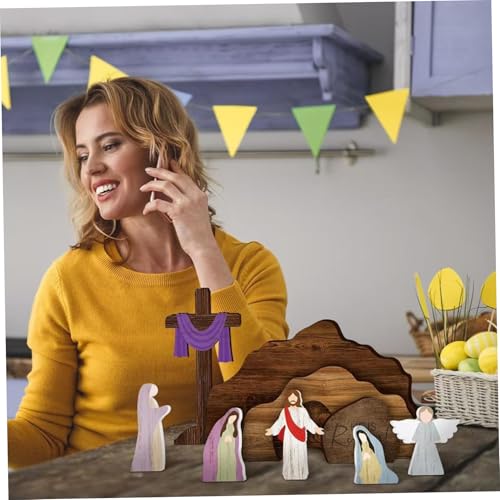 Décorations de Pâques crèche en bois et tombeau vide pour table - 5