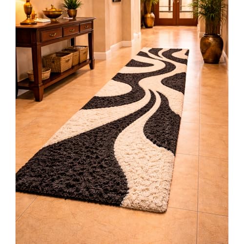 Image of 2x8 feet Shaggy Polyester Abstract Modern Area Rug - 2 Inch High Pile Ultra Soft Plush Carpet for Living Room, Bedroom & Kids Room, Thick Fluffy Rug for Indian Home Decor B - Rectangular