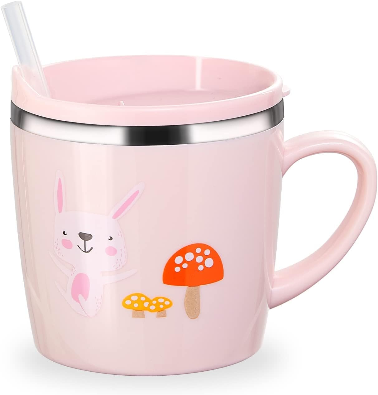 Kids Baby Toddler Cups Mug Sippy Learning Trainer Cup for Milk Coffee Hot Chocolate Stainless Steel Trainer Straw Cup with Lid, Rabbit, 7oz/Peacock pink
