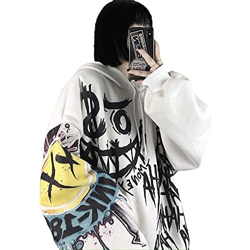BXCNCKD Gothic Hooded Sweater Female Harajuku Loose bf Wind Letter Smiley Graffiti Print Plus Velvet Thick Long-Sleeved Shirt(White,5XL)