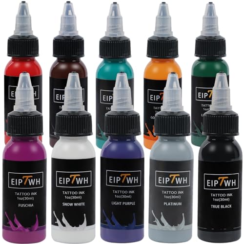 Eiptwh 10 Colors Tattoo Inks Set,1 Oz 30ml Tattoo Pigment Set for Liner&Shader,USA Standard Tattoo Inks Color Set for Makeup Body Art