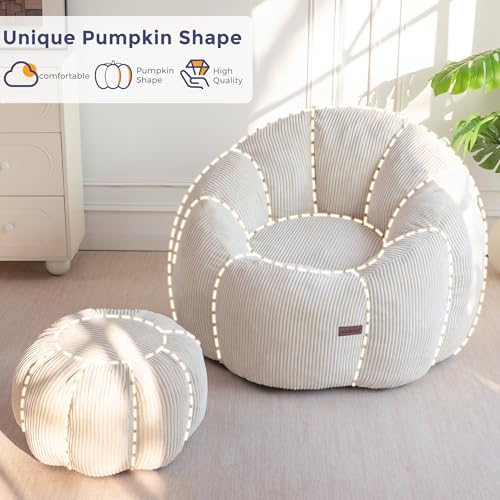 Image of MAXYOYO Giant Bean Bag Chair with Ottoman, Pumpkin-Shaped Bean Bag Sofa with Footstool, Oversized Boneless Couch Chair in a Box, Comfy and Lazy Lounge for Dorm, Living Room, Bedroom, Beige