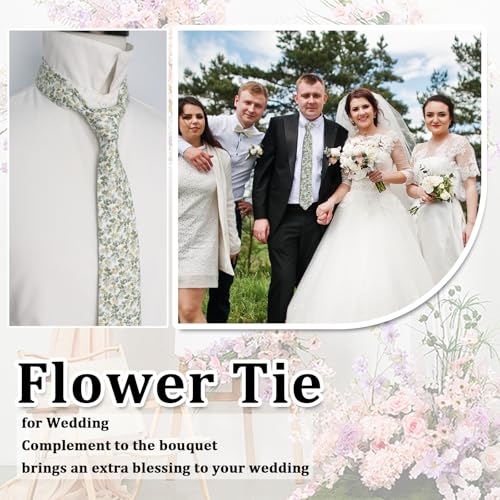 Image of Luckyvestir Mens Ties, Sage /Dusty Blue /Pink Floral Ties for Men, 2.76 inch Cotton Flower Necktie for Wedding /Groomsmen /Party
