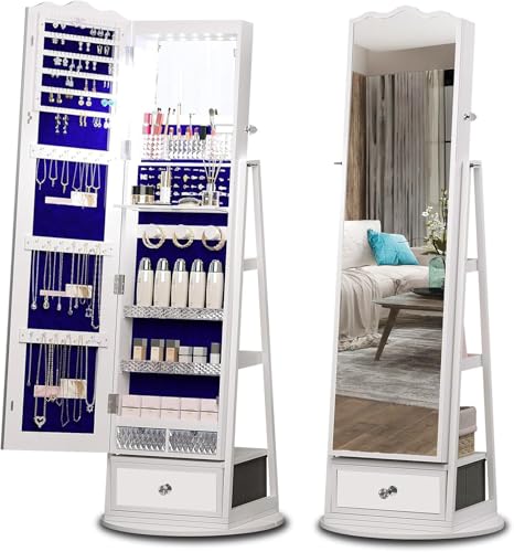 360° Rotating Jewelry Cabinet with LED Lights, Full Length Mirror